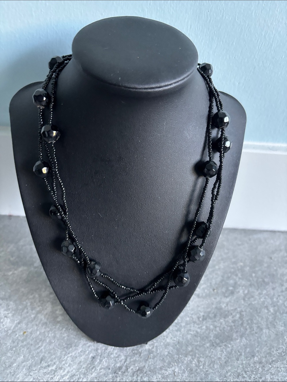 Vintage Black Onyx Art Glass Crystal XL Long Flapper Faceted Bead Necklace